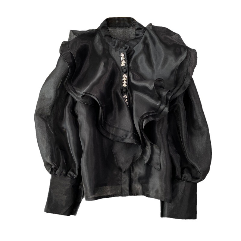 Elegáns női felsők és blúzok Organza fodros blúz nőknek gyöngyfűző hálós áttetsző blusa női Elegáns koreai divat Dropship