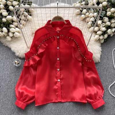 Őszi női elegáns redőzött fodros gyémánt fehér organza ing női hosszú ujjú, egysoros bő blúzok felsők 5 színben