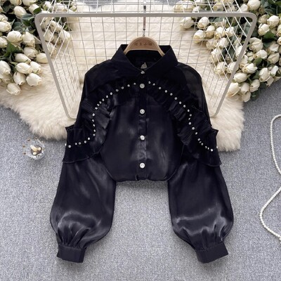 Őszi női elegáns redőzött fodros gyémánt fehér organza ing női hosszú ujjú, egysoros bő blúzok felsők 5 színben