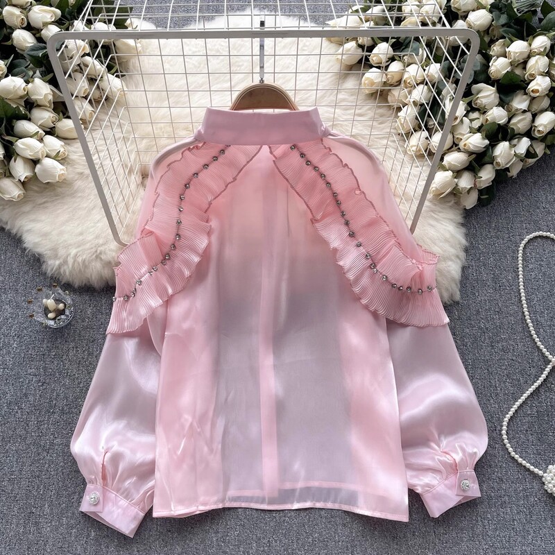 Őszi női elegáns redőzött fodros gyémánt fehér organza ing női hosszú ujjú, egysoros bő blúzok felsők 5 színben