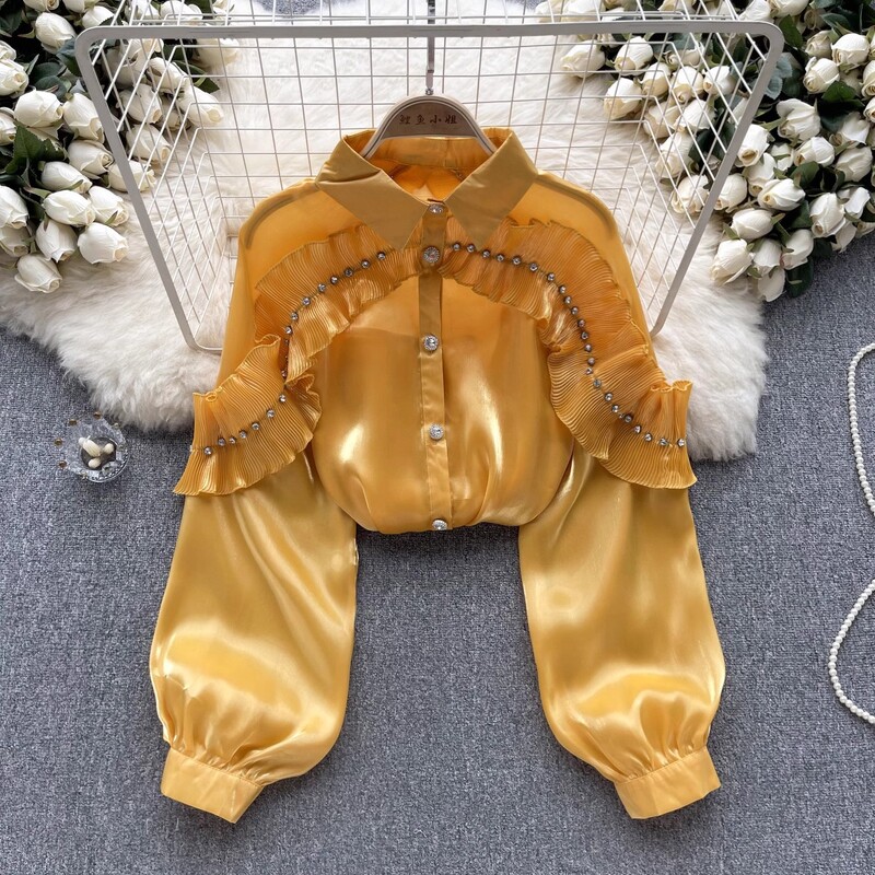 Őszi női elegáns redőzött fodros gyémánt fehér organza ing női hosszú ujjú, egysoros bő blúzok felsők 5 színben