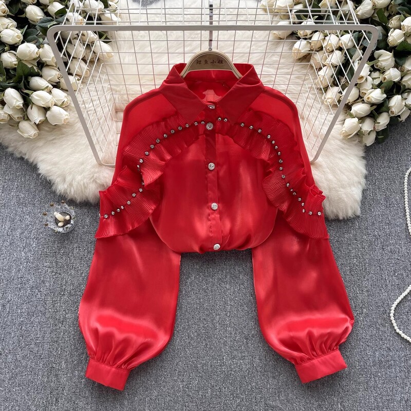 Őszi női elegáns redőzött fodros gyémánt fehér organza ing női hosszú ujjú, egysoros bő blúzok felsők 5 színben