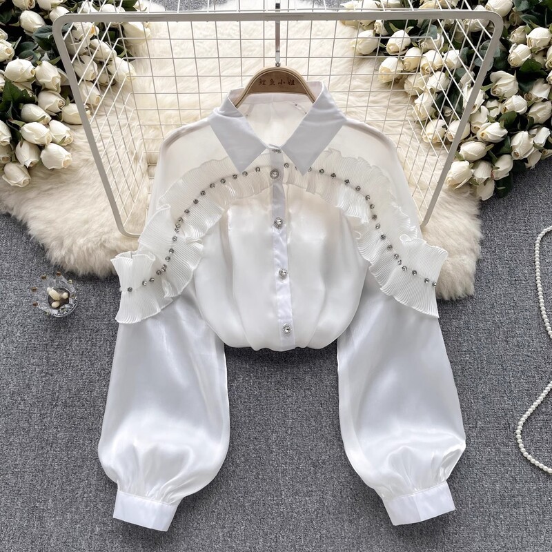 Őszi női elegáns redőzött fodros gyémánt fehér organza ing női hosszú ujjú, egysoros bő blúzok felsők 5 színben