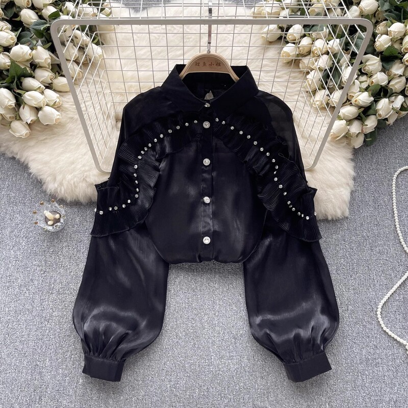 Őszi női elegáns redőzött fodros gyémánt fehér organza ing női hosszú ujjú, egysoros bő blúzok felsők 5 színben