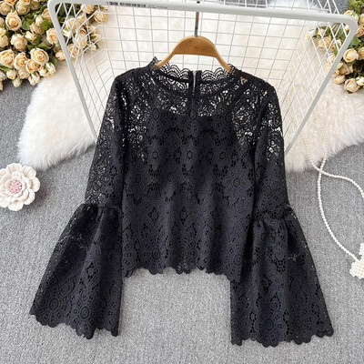 EWQ modes dobu mežģīņu blūze sievietēm ar apaļu kaklu, vaļīgām garām piedurknēm vienkrāsains, rāvējslēdzēja augšdaļas apģērbs, 2024. gada jauns 27x651