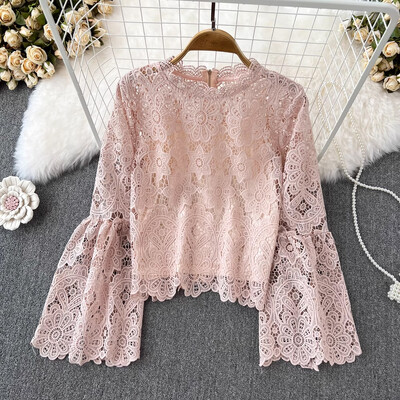 EWQ modes dobu mežģīņu blūze sievietēm ar apaļu kaklu, vaļīgām garām piedurknēm vienkrāsains, rāvējslēdzēja augšdaļas apģērbs, 2024. gada jauns 27x651