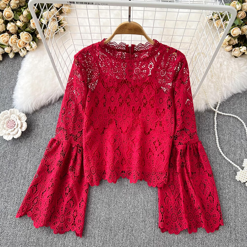 EWQ modes dobu mežģīņu blūze sievietēm ar apaļu kaklu, vaļīgām garām piedurknēm vienkrāsains, rāvējslēdzēja augšdaļas apģērbs, 2024. gada jauns 27x651