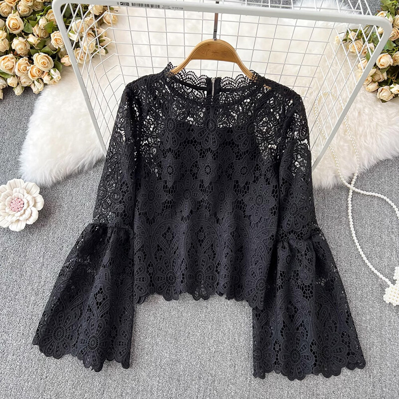 EWQ modes dobu mežģīņu blūze sievietēm ar apaļu kaklu, vaļīgām garām piedurknēm vienkrāsains, rāvējslēdzēja augšdaļas apģērbs, 2024. gada jauns 27x651