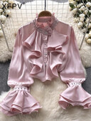 XFPV női vintage hímzett lobogó rakott egysoros blúz álló gallér hosszú ujjú ingek tavasz nyár 2024 SM10729