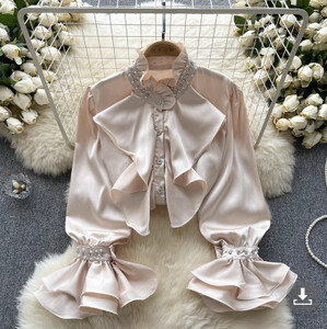 XFPV női vintage hímzett lobogó rakott egysoros blúz álló gallér hosszú ujjú ingek tavasz nyár 2024 SM10729