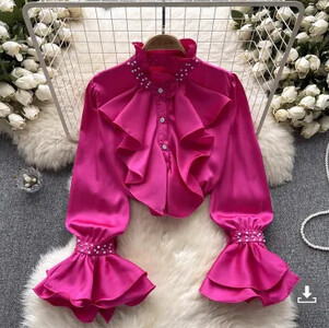 XFPV női vintage hímzett lobogó rakott egysoros blúz álló gallér hosszú ujjú ingek tavasz nyár 2024 SM10729