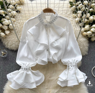 XFPV női vintage hímzett lobogó rakott egysoros blúz álló gallér hosszú ujjú ingek tavasz nyár 2024 SM10729