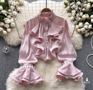 XFPV női vintage hímzett lobogó rakott egysoros blúz álló gallér hosszú ujjú ingek tavasz nyár 2024 SM10729