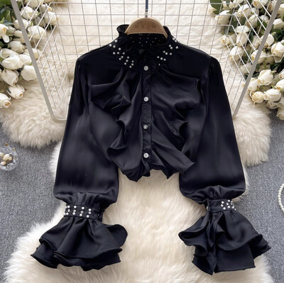 XFPV női vintage hímzett lobogó rakott egysoros blúz álló gallér hosszú ujjú ingek tavasz nyár 2024 SM10729