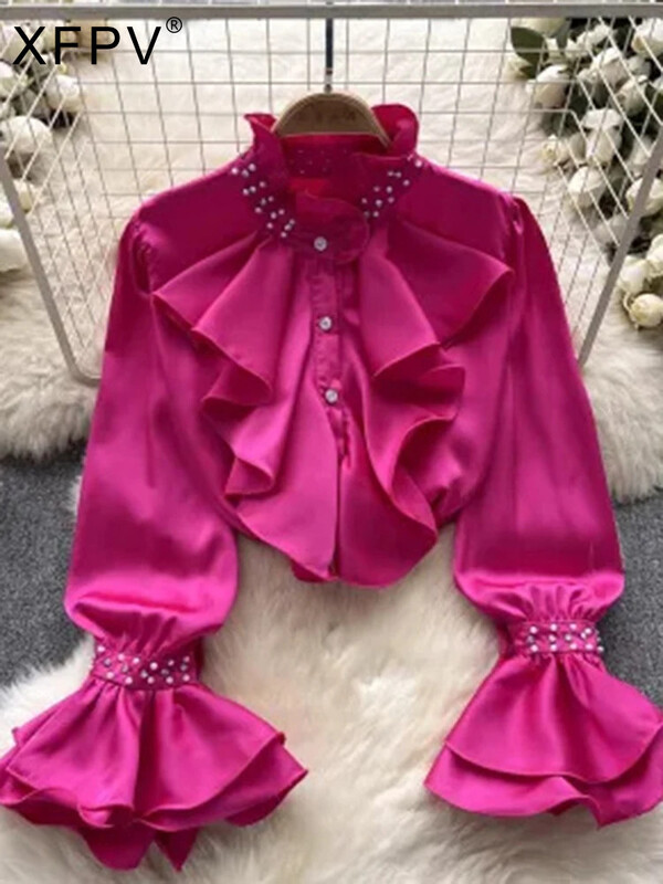 XFPV női vintage hímzett lobogó rakott egysoros blúz álló gallér hosszú ujjú ingek tavasz nyár 2024 SM10729