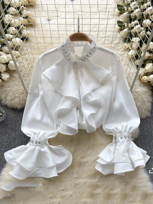 XFPV női vintage hímzett lobogó rakott egysoros blúz álló gallér hosszú ujjú ingek tavasz nyár 2024 SM10729