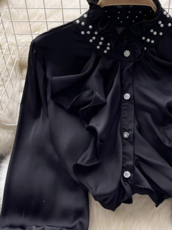 XFPV női vintage hímzett lobogó rakott egysoros blúz álló gallér hosszú ujjú ingek tavasz nyár 2024 SM10729