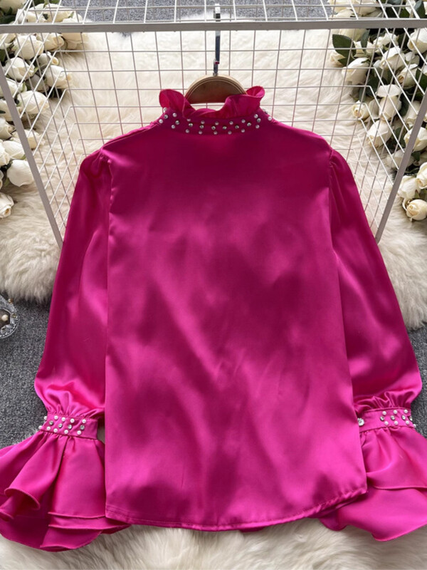 XFPV női vintage hímzett lobogó rakott egysoros blúz álló gallér hosszú ujjú ingek tavasz nyár 2024 SM10729