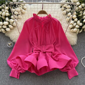 Neploe Vintage Court stílusú hosszú ujjú blúzok Nyári karcsú derék fűzős ingek Női Y2k Grunge O-nyak fodrok Blusas Mujer