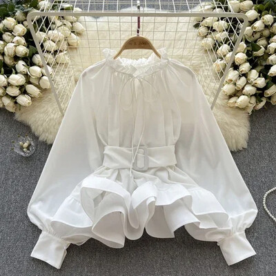 Neploe Vintage Court stílusú hosszú ujjú blúzok Nyári karcsú derék fűzős ingek Női Y2k Grunge O-nyak fodrok Blusas Mujer