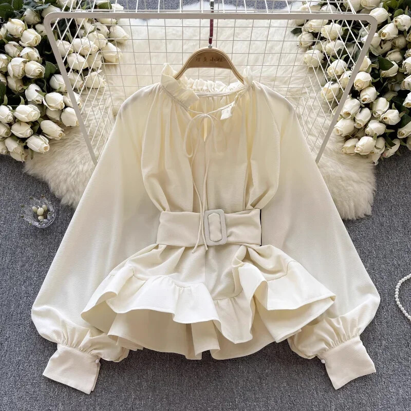 Neploe Vintage Court stílusú hosszú ujjú blúzok Nyári karcsú derék fűzős ingek Női Y2k Grunge O-nyak fodrok Blusas Mujer