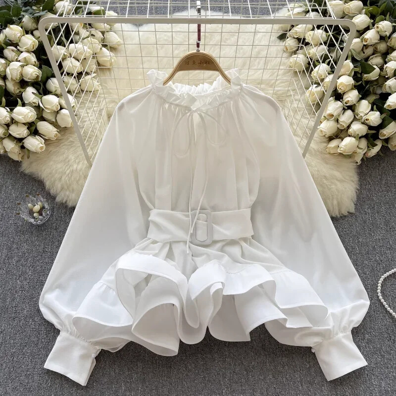 Neploe Vintage Court stílusú hosszú ujjú blúzok Nyári karcsú derék fűzős ingek Női Y2k Grunge O-nyak fodrok Blusas Mujer