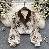 Bluză de epocă pentru femei, la modă, cu guler croit, cu mâneci bufante lungi, cu imprimeu floral, cu rever, cămăși de toamnă pentru femei, topuri, Dropship