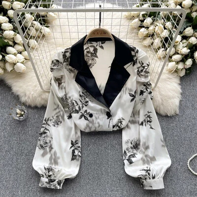 Bluză de epocă pentru femei, la modă, cu guler croit, cu mâneci bufante lungi, cu imprimeu floral, cu rever, cămăși de toamnă pentru femei, topuri, Dropship