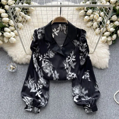 Bluză de epocă pentru femei, la modă, cu guler croit, cu mâneci bufante lungi, cu imprimeu floral, cu rever, cămăși de toamnă pentru femei, topuri, Dropship
