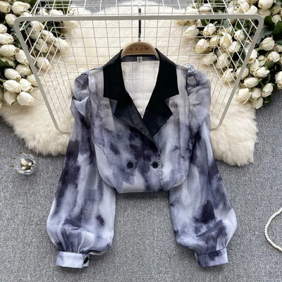 Bluză de epocă pentru femei, la modă, cu guler croit, cu mâneci bufante lungi, cu imprimeu floral, cu rever, cămăși de toamnă pentru femei, topuri, Dropship