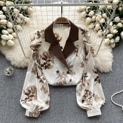 Bluză de epocă pentru femei, la modă, cu guler croit, cu mâneci bufante lungi, cu imprimeu floral, cu rever, cămăși de toamnă pentru femei, topuri, Dropship