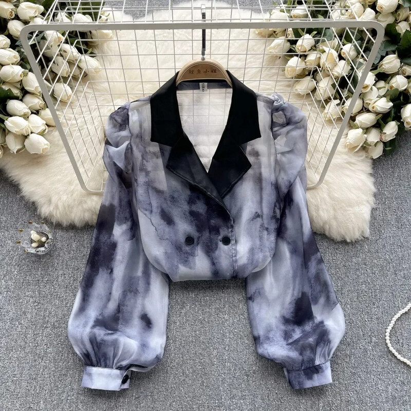 Bluză de epocă pentru femei, la modă, cu guler croit, cu mâneci bufante lungi, cu imprimeu floral, cu rever, cămăși de toamnă pentru femei, topuri, Dropship