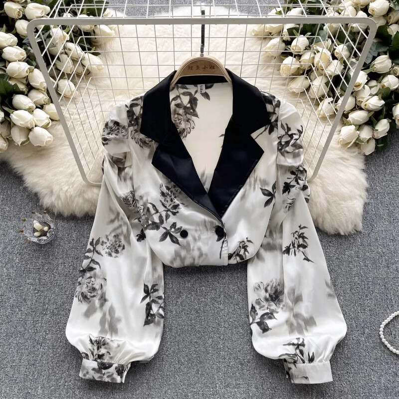 Bluză de epocă pentru femei, la modă, cu guler croit, cu mâneci bufante lungi, cu imprimeu floral, cu rever, cămăși de toamnă pentru femei, topuri, Dropship