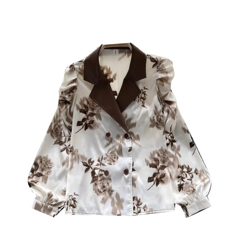 Bluză de epocă pentru femei, la modă, cu guler croit, cu mâneci bufante lungi, cu imprimeu floral, cu rever, cămăși de toamnă pentru femei, topuri, Dropship