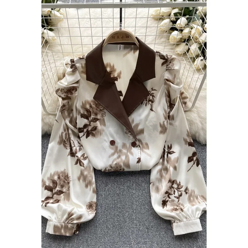 Bluză de epocă pentru femei, la modă, cu guler croit, cu mâneci bufante lungi, cu imprimeu floral, cu rever, cămăși de toamnă pentru femei, topuri, Dropship