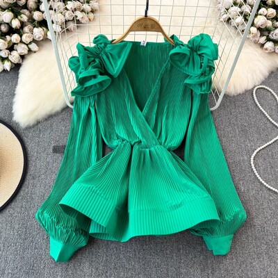 Neploe 2024 pavasario naujos V formos iškirptės klostuotos palaidinės Vintažiniai raukiniai plonu juosmeniu Blusas Mujer Y2k ilgomis rankovėmis 3d žiedlapiais moteriški marškiniai