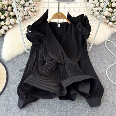 Neploe 2024 pavasario naujos V formos iškirptės klostuotos palaidinės Vintažiniai raukiniai plonu juosmeniu Blusas Mujer Y2k ilgomis rankovėmis 3d žiedlapiais moteriški marškiniai