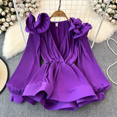 Neploe 2024 pavasario naujos V formos iškirptės klostuotos palaidinės Vintažiniai raukiniai plonu juosmeniu Blusas Mujer Y2k ilgomis rankovėmis 3d žiedlapiais moteriški marškiniai