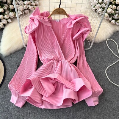 Neploe 2024 pavasario naujos V formos iškirptės klostuotos palaidinės Vintažiniai raukiniai plonu juosmeniu Blusas Mujer Y2k ilgomis rankovėmis 3d žiedlapiais moteriški marškiniai