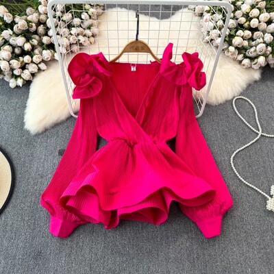 Neploe 2024 pavasario naujos V formos iškirptės klostuotos palaidinės Vintažiniai raukiniai plonu juosmeniu Blusas Mujer Y2k ilgomis rankovėmis 3d žiedlapiais moteriški marškiniai