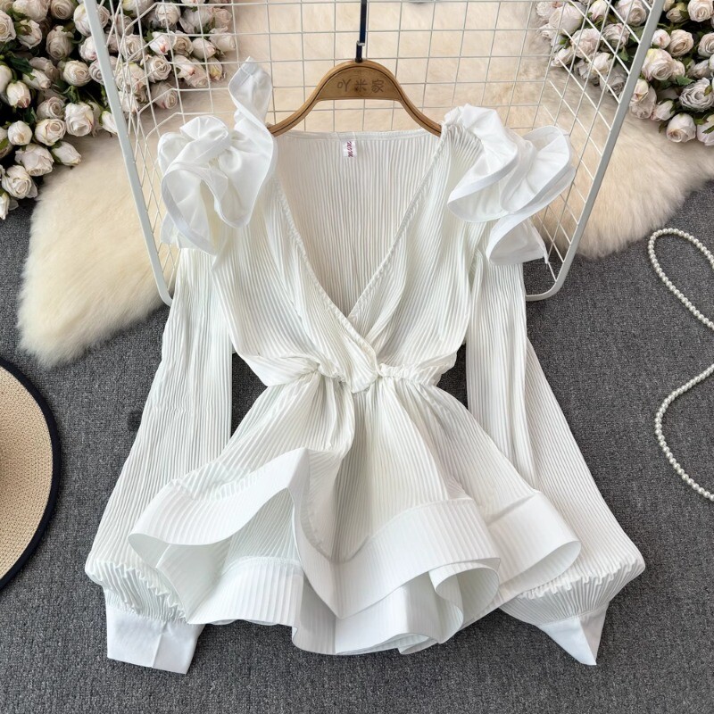 Neploe 2024 pavasario naujos V formos iškirptės klostuotos palaidinės Vintažiniai raukiniai plonu juosmeniu Blusas Mujer Y2k ilgomis rankovėmis 3d žiedlapiais moteriški marškiniai