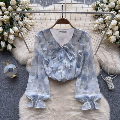 Virágmintás női felsők és blúzok, alkalmi fodros V nyakú, hosszú szirmú ujjú sifon laza női tunika masnis tavaszi pulóver