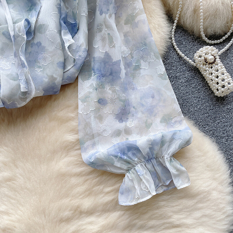 Virágmintás női felsők és blúzok, alkalmi fodros V nyakú, hosszú szirmú ujjú sifon laza női tunika masnis tavaszi pulóver