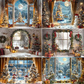 Ünnepi parti karácsonyfa fotózás háttér dekoráció ablak hóember téma Téli piros függöny Mikulás fotózás