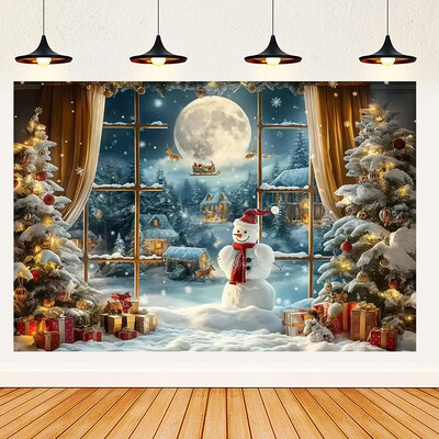 Ünnepi parti karácsonyfa fotózás háttér dekoráció ablak hóember téma Téli piros függöny Mikulás fotózás