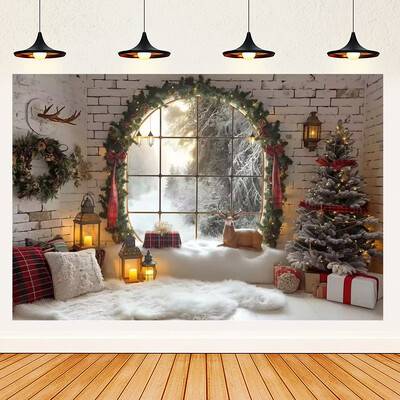 Ünnepi parti karácsonyfa fotózás háttér dekoráció ablak hóember téma Téli piros függöny Mikulás fotózás