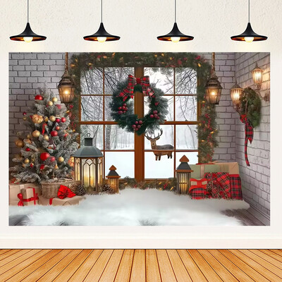 Ünnepi parti karácsonyfa fotózás háttér dekoráció ablak hóember téma Téli piros függöny Mikulás fotózás