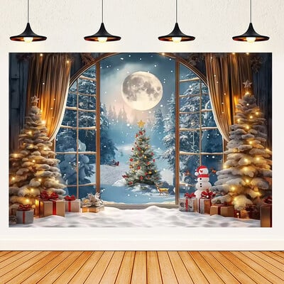 Ünnepi parti karácsonyfa fotózás háttér dekoráció ablak hóember téma Téli piros függöny Mikulás fotózás