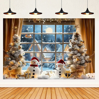 Ünnepi parti karácsonyfa fotózás háttér dekoráció ablak hóember téma Téli piros függöny Mikulás fotózás