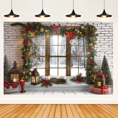 Ünnepi parti karácsonyfa fotózás háttér dekoráció ablak hóember téma Téli piros függöny Mikulás fotózás